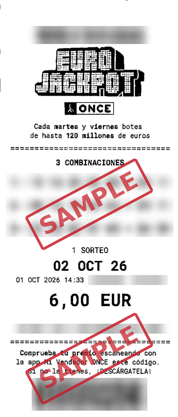 Sample: our real EuroJackpot ticket (ONCE, Spain) for the draw on 2 Oct 2026. Numbers, barcodes and serials are blurred.