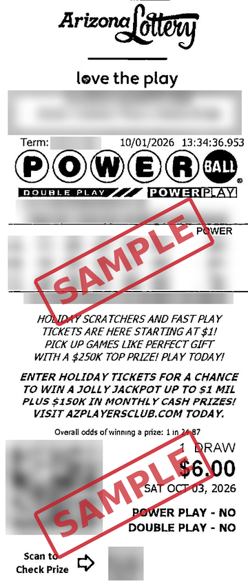 Sample: our real US Powerball ticket (Arizona Lottery) for the draw on 3 Oct 2026 (US time). Numbers, codes and serials are blurred.
